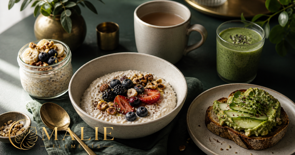 Nährstoffreiche Frühstücksideen mit Porridge, Overnight Oats, Sauerteigbrot und grünem Smoothie.